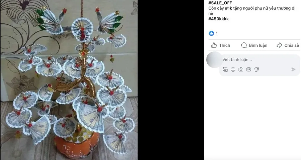 Cây tiền tài lộc được trang trí bằng tiền thật rao bán trên mạng xã hội. Ảnh chụp màn hình. cây tiền thần tài