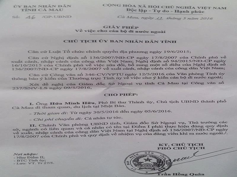 Giấy phép do Phó chủ tịch tỉnh Cà Mau ký cho ông Hữu đi nước ngoài.