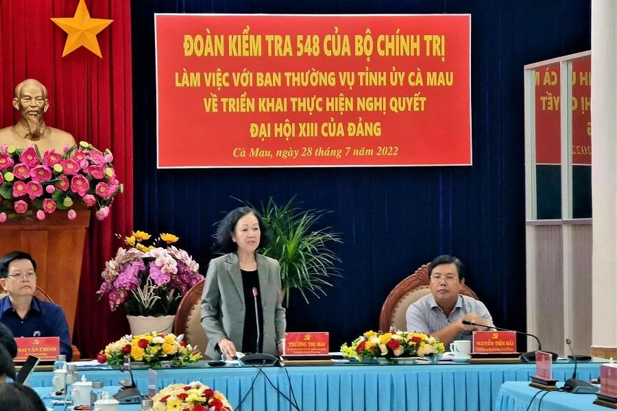 Đoàn kiểm tra làm việc với Ban thường vụ tỉnh ủy Cà Mau hôm nay, 28-7-2022. Ảnh: CTV