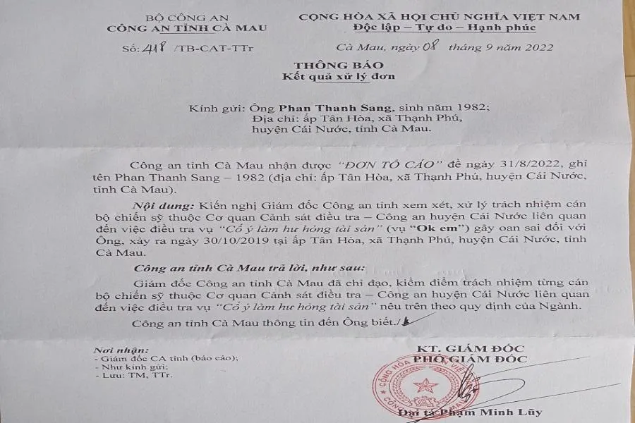 Thông báo của Công an tỉnh Cà Mau ngày 8-9-2022.