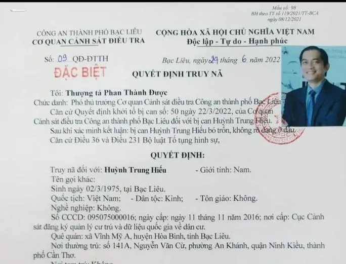 Hình truy nã Hiếu trước đây. Ảnh CTV Hình truy nã Hiếu trước đây. Ảnh CTV