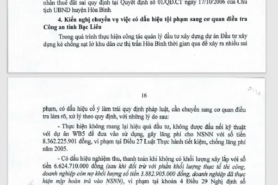 Thanh tra Bạc Liêu đã phát hiện dự án chồng dự án gây lãng phí hơn 8,3 tỷ đồng, kiến nghị chuyển cơ quan điều tra. Ảnh chụp từ Kết luận thanh tra. Vụ_dự_án-lắp-vùi-dự-án-Hoà-Bình-Bạc-Liêu1_.jpg