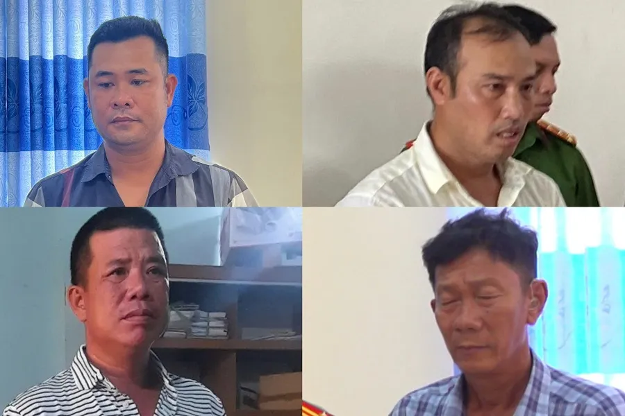 Bốn người bị bắt Tuấn, Phu, Công, Giang (từ trái qua phải và từ trên xuống dưới). Ảnh: Công an Cà Mau. Công an Cà Mau bắt 4 ngư dân.jpg