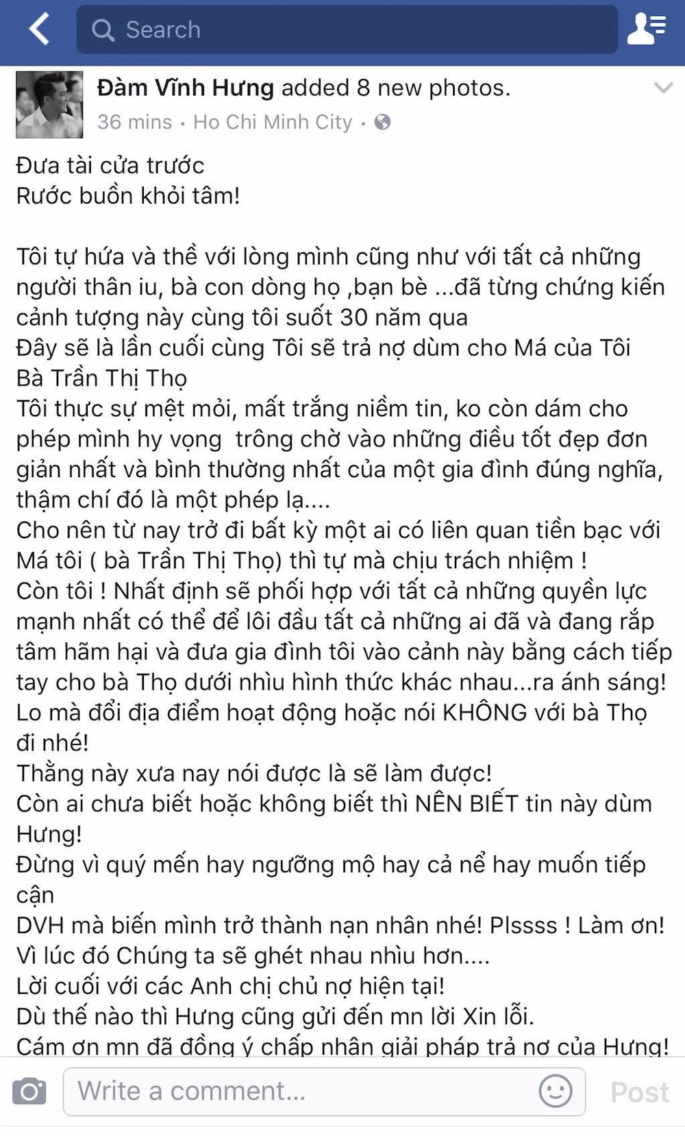 Dòng trang thái ca sĩ Đàm Vĩnh hưng đăng trên trang cá nhân. 