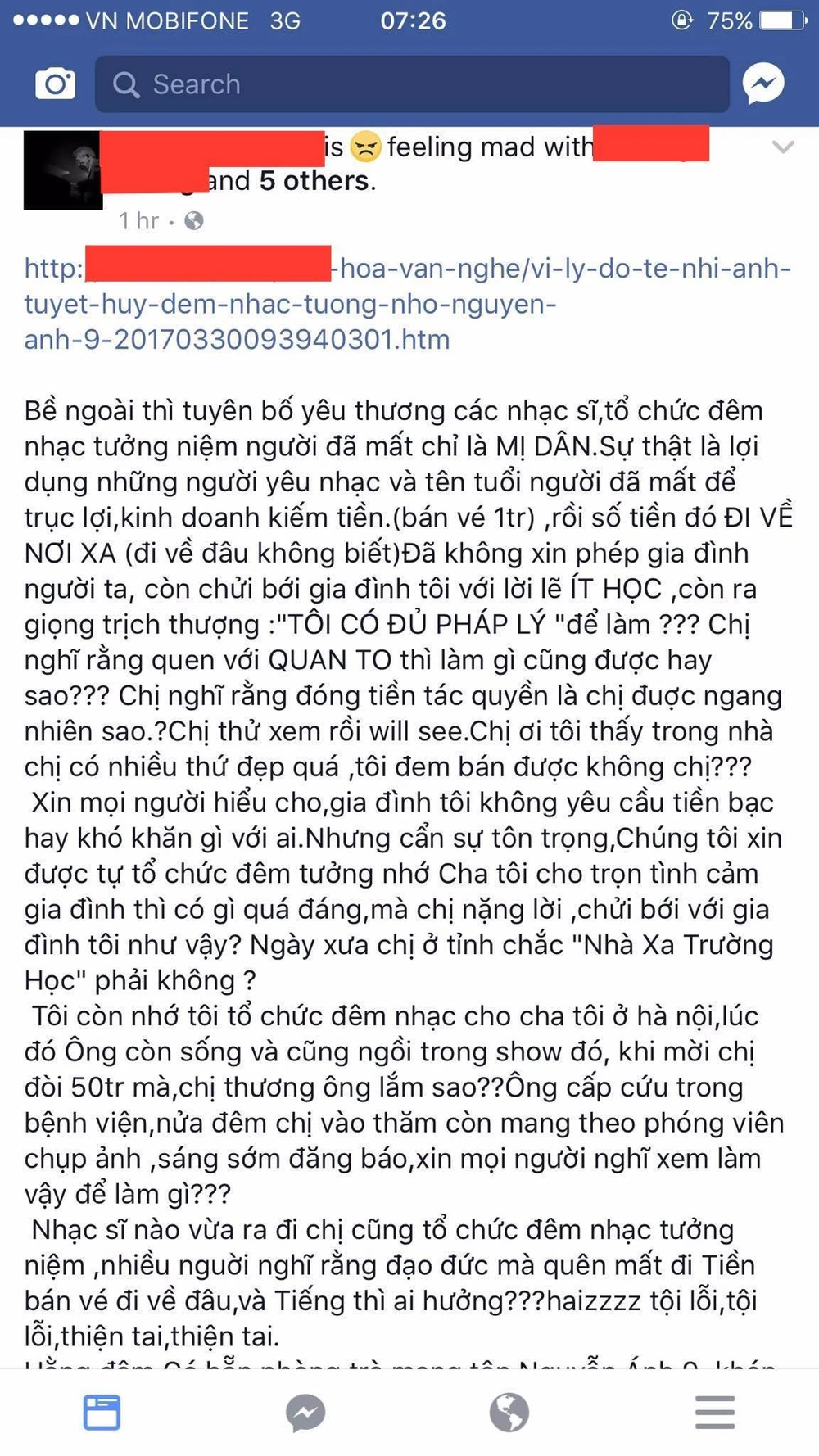 Ảnh chụp màn hình Facebook nhạc sĩ Nguyễn Quang