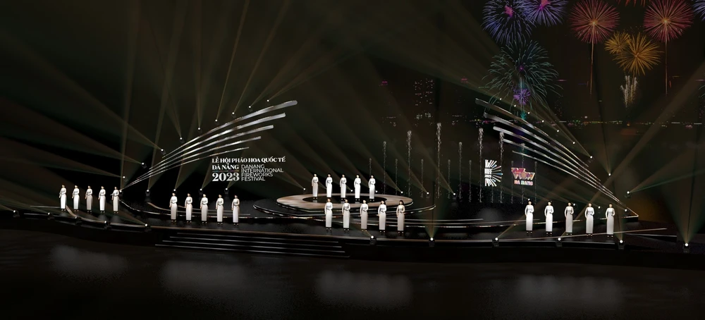 Cụm mỹ thuật sân khấu là ý tưởng thiết kế độc đáo, mô tả những vệt pháo hoa rực sáng trên bầu trời, cũng là biểu trưng cho năm dòng kẻ trên khuông nhạc. Ảnh: SG