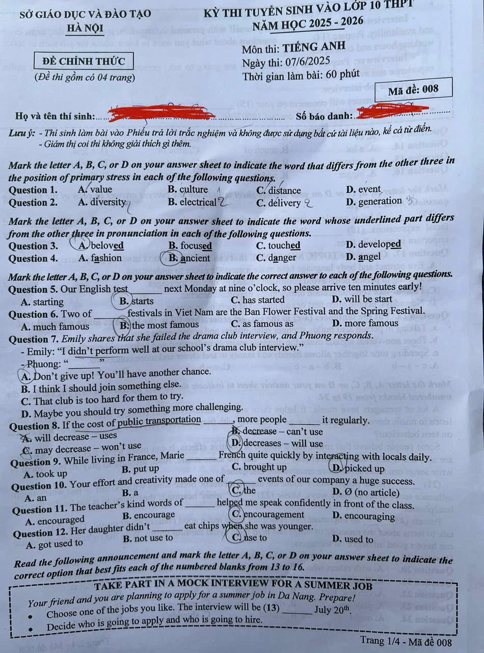 đề tiếng anh thi lớp 10 hà nội