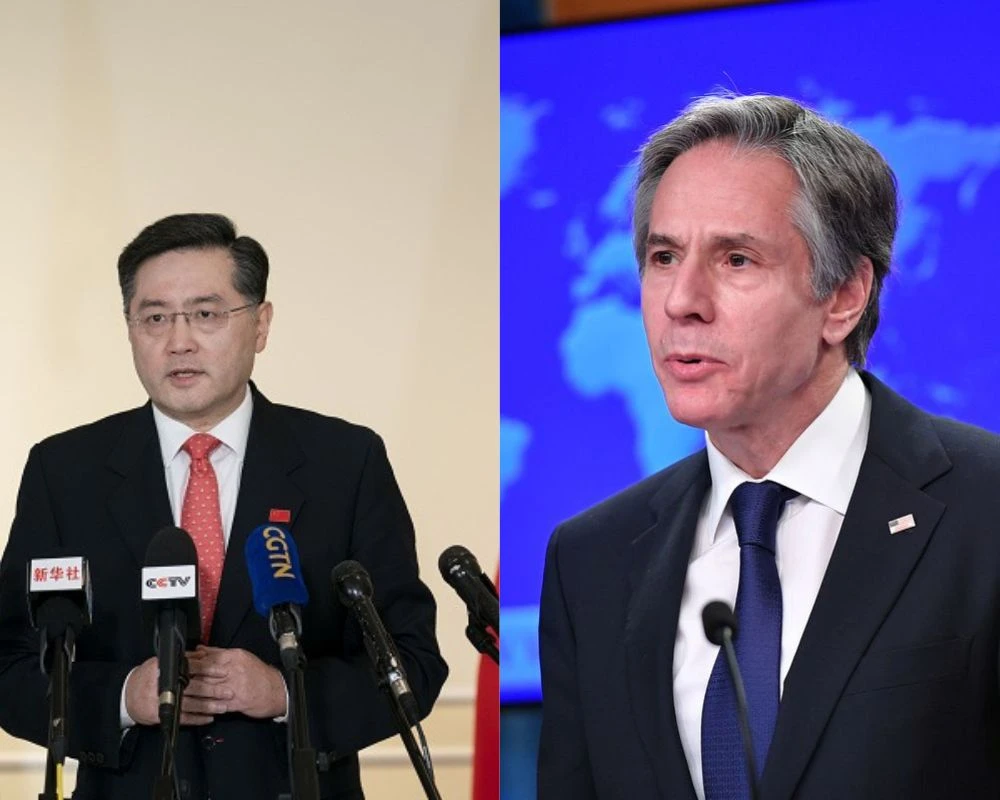 Tân Bộ trưởng Ngoại giao TQ Tần Cương (trái) và Ngoại trưởng Mỹ Antony Blinken. Ảnh: Đại sứ quán TQ tại Mỹ/AFP