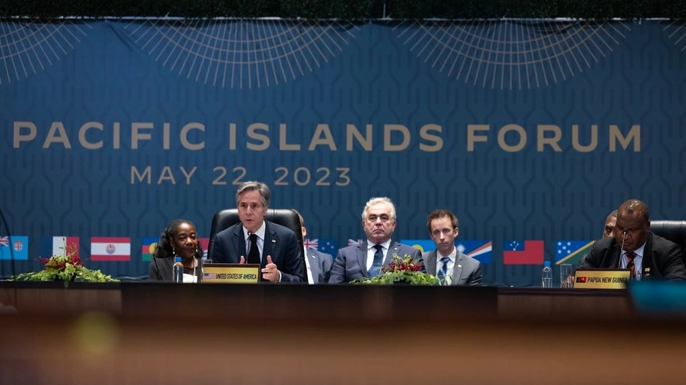 Ngoại trưởng Mỹ Antony Blinken dự Diễn đàn Hợp tác các đảo quốc Thái Bình Dương hôm 22-5. Ảnh: TWITTER