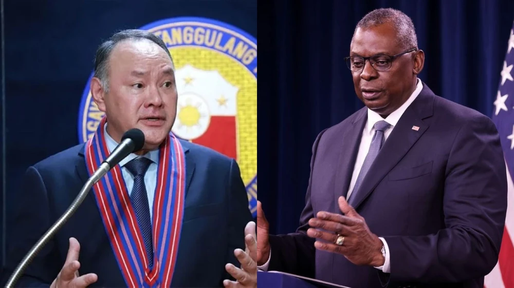 (Ảnh ghép) Bộ trưởng Quốc phòng Mỹ Lloyd Austin (phải) và Bộ trưởng Quốc phòng Philippines Gilberto Teodoro. Ảnh: REUTERS/BỘ QUỐC PHÒNG PHILIPPINES