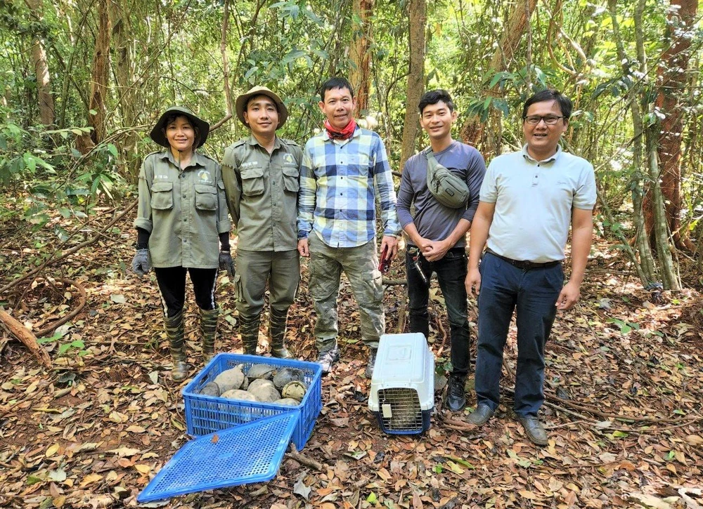 Ông Khương Hữu Thắng (góc phải) cùng tham gia thả động vật hoang dã quý hiếm về rừng. Ảnh: K.T Ông Khương Hữu Thắng (góc phải) cùng tham gia thả động vật hoang dã quý hiếm về rừng. Ảnh: K.T