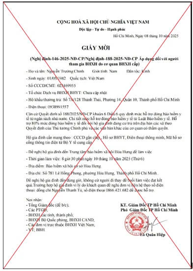 Xuất hiện giấy mời giả mạo BHXH TP.HCM, lợi dụng con dấu và chữ ký để mạo danh cơ quan chức năng.