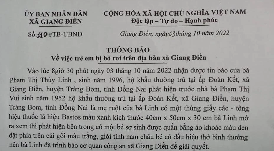 Thông báo của UBND xã về việc đứa trẻ sơ sinh bị bỏ rơi. Ảnh: VH.