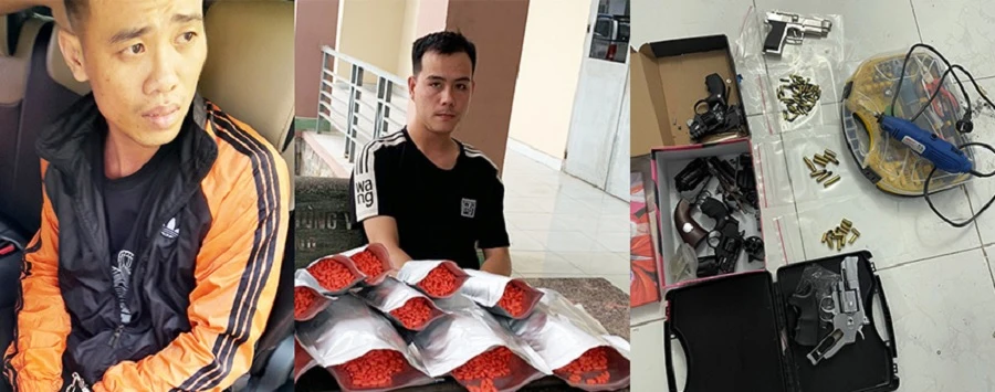 Hai kẻ cầm đầu đường dây ma túy Trần Duy Thắng và Ngô Mạnh Hoàng cùng tang vật và sáu khẩu súng với hơn 60 viên đạn bị công an bắt giữ.