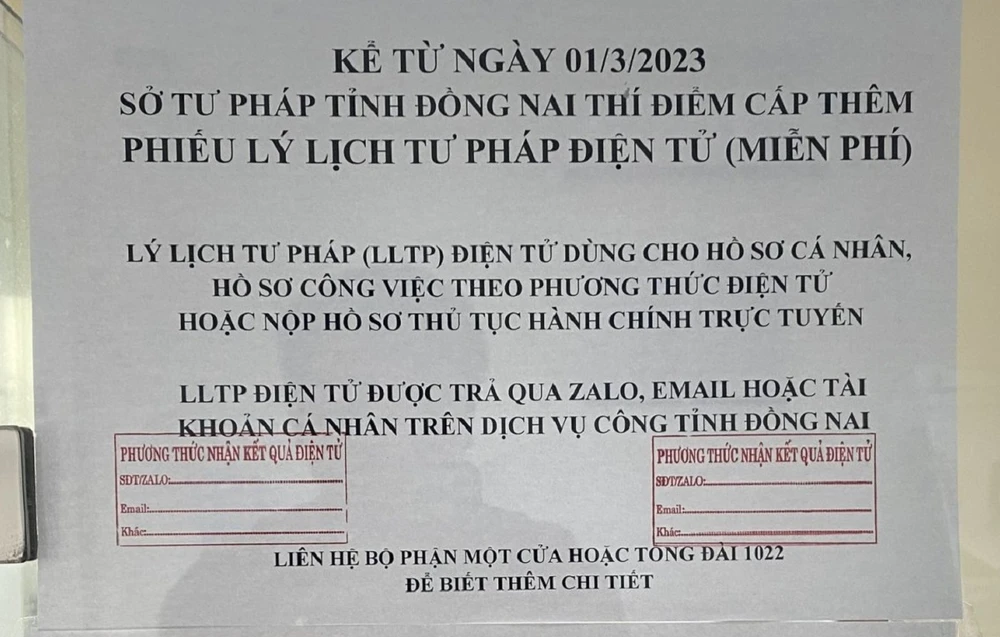 Sở Tư pháp tỉnh Đồng Nai thực hiện thí điểm cấp phiếu lý lịch tư pháp điện tử từ ngày 1-3.