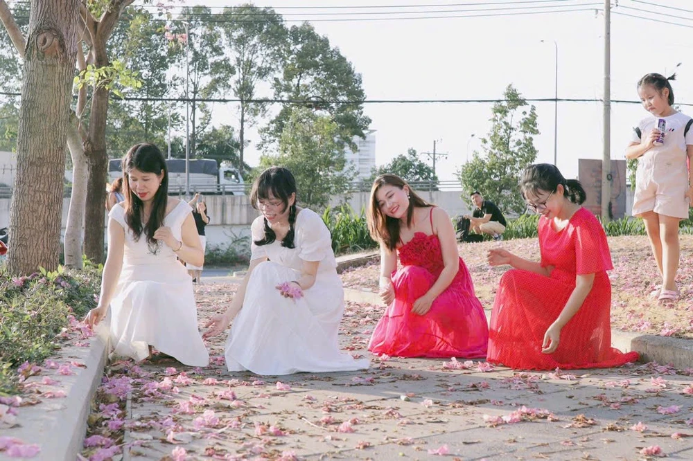 Những cô gái trẻ nhặt hoa kèn hồng.