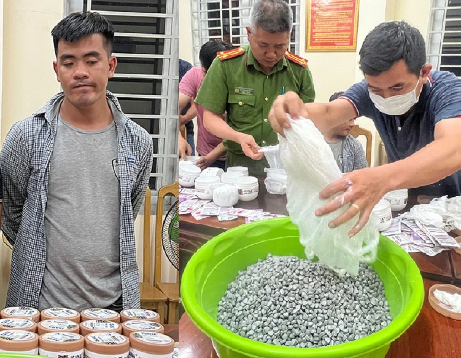 Nghi can Vũ Minh Phúc cùng tang vật thu giữ. Ảnh: VH.