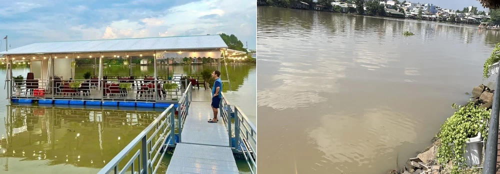 Hình ảnh nhà hàng nổi trên sông Cái (trái) và sau khi chủ nhà hàng tháo dỡ trả lại hiện trạng ban đầu của dòng sông. Ảnh: VH.