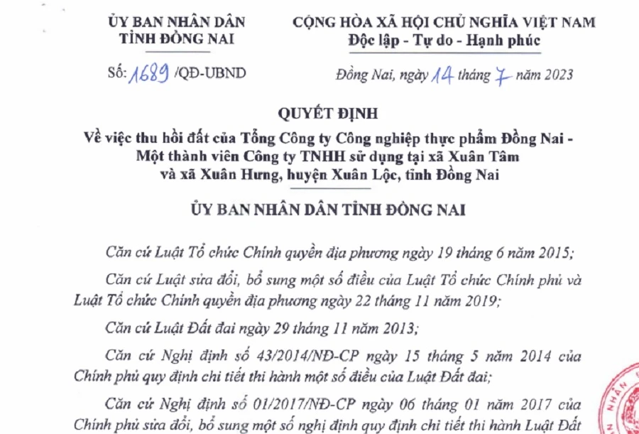 Quyết định của UBND tỉnh Đồng Nai về việc thu hồi diện tích hơn 540ha đất trong dự án của Dofico.