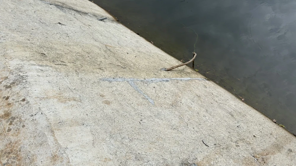 Vết nứt ở mái taluy gần hồ. Ảnh: VŨ LONG