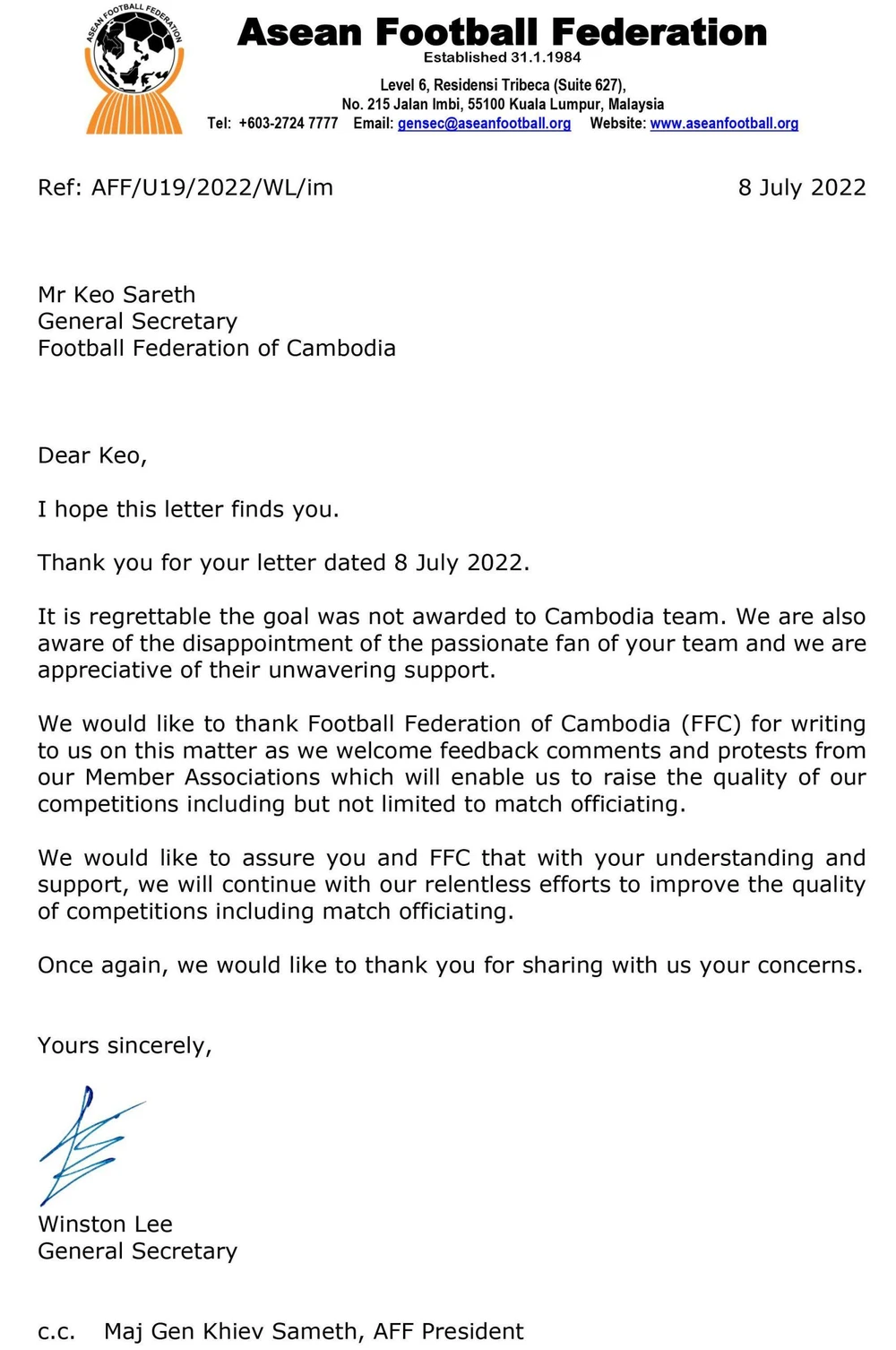 Bức thư AFF xin lỗi LĐBĐ Campuchia.