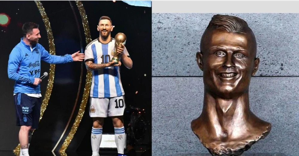 Hình ảnh này đang tràn lan trong "cuộc chiến tượng đài" giữa fan Ronaldo và fan Messi. Ảnh: AFP, Reuters