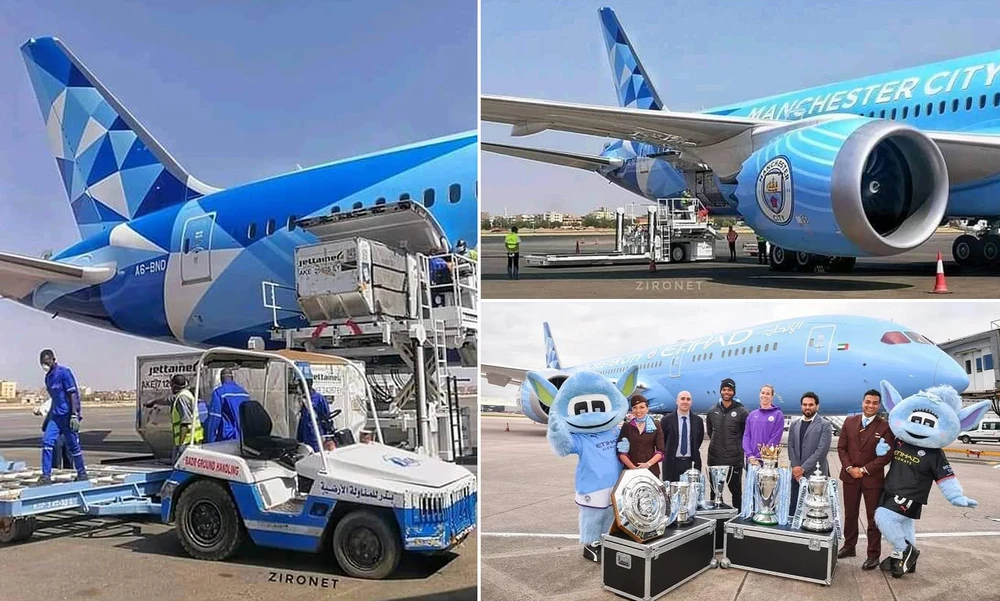 Chiếc chuyên cơ của hãng Etihad...là Boeing 787 Dreamliner cũng là tài sản của Shaikh Mansour. Ảnh: K.T