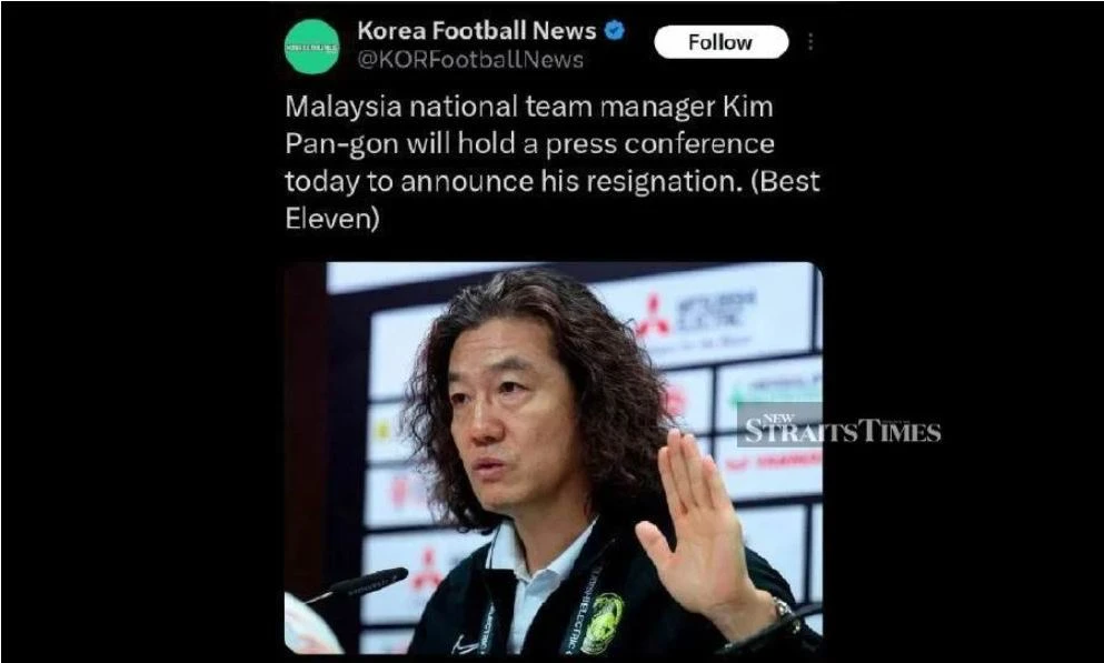 Trang xã hội của KFA đăng tải thông tin HLV Kim Pan-gon tổ chức họp báo thông báo từ chức HLV tuyển Malaysia vào 14 giờ ngày 16-7.