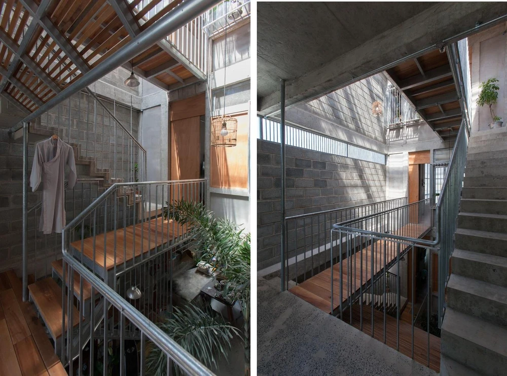 Lối cầu thang là giao thông chính trong ngôi nhà này. Lan can cầu thang được thiết kế chắc chắn.