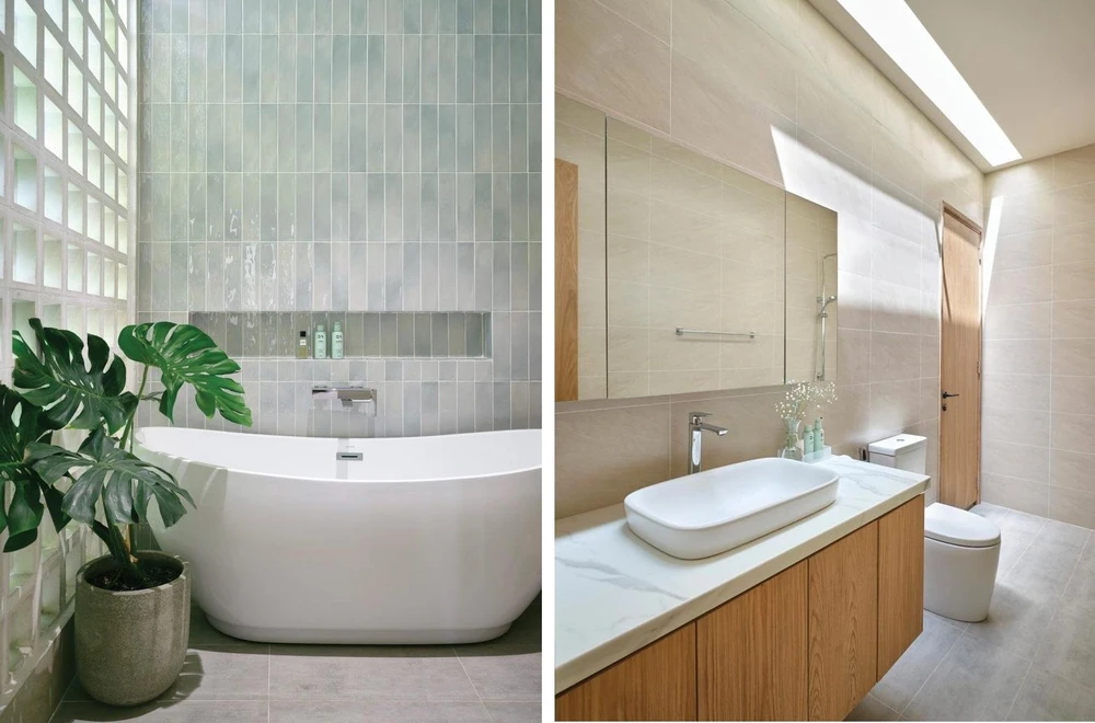 Bên trong phòng vệ sinh được thiết kế một cửa sổ nhỏ từ tầng thượng để lấy ánh sáng tự nhiên, tạo sự thông thoáng bên trong ngôi nhà.