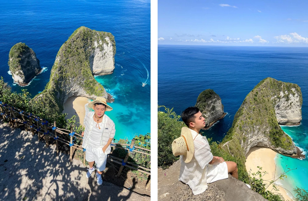 Từ trên cao, du khách có thể ngắm toàn cảnh bãi biển Kelingking với cát trắng và nước trong xanh.