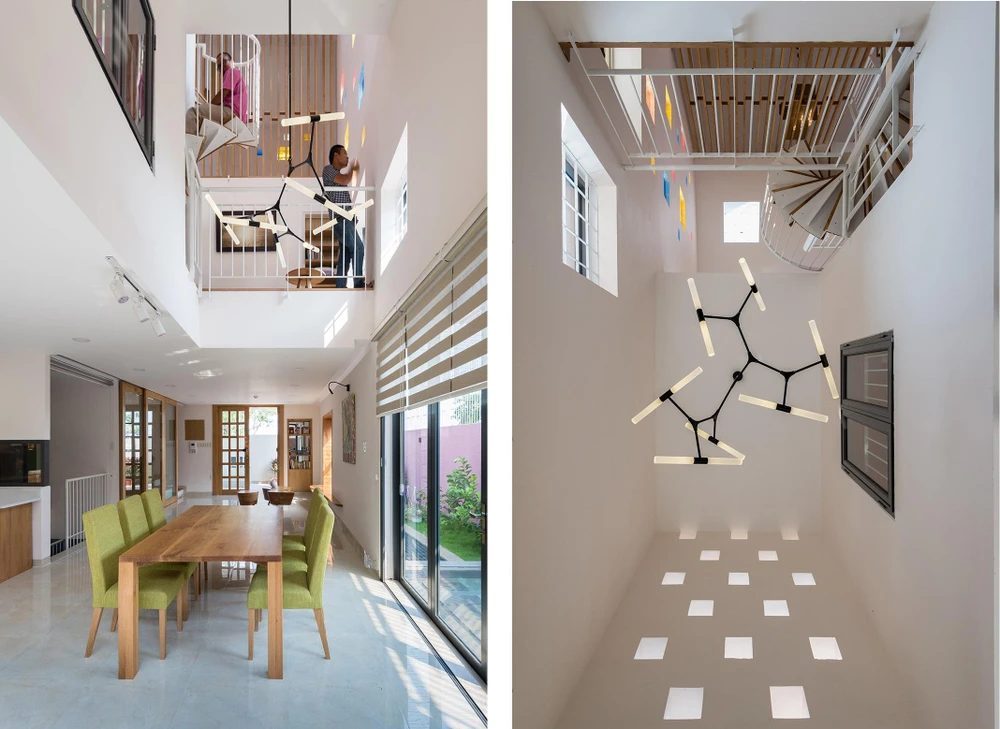 Chiều cao của tầng trệt được thay đổi ở vị trí thông tầng tại phòng ăn.