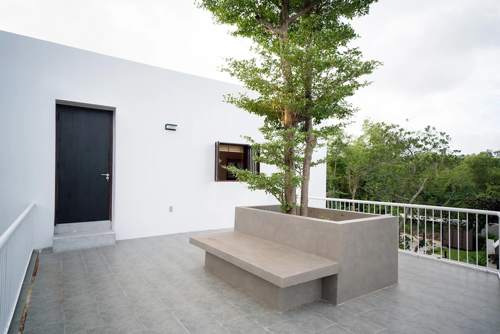 Kiến trúc sư 3fconcept đã trồng một cây lớn có bóng mát ở tầng trệt xuyên qua ban công tầng trên để làm mát khu vực vào mùa hè.