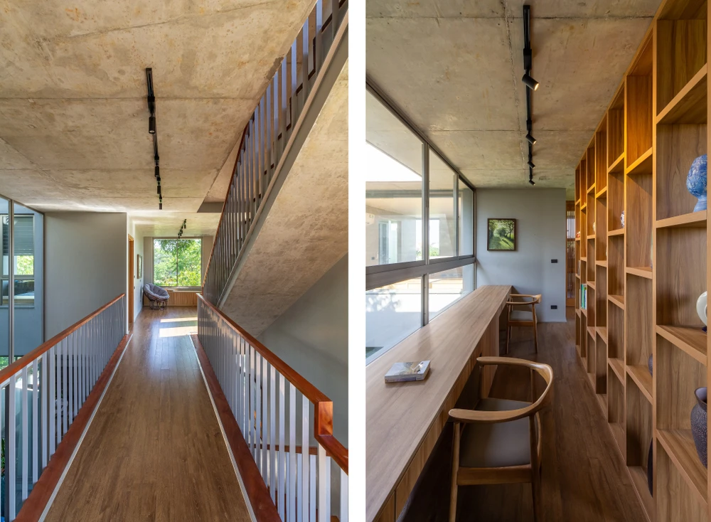 Không gian giao thông, cầu thang được bố trí vuông góc, kết nối hai khối chính.