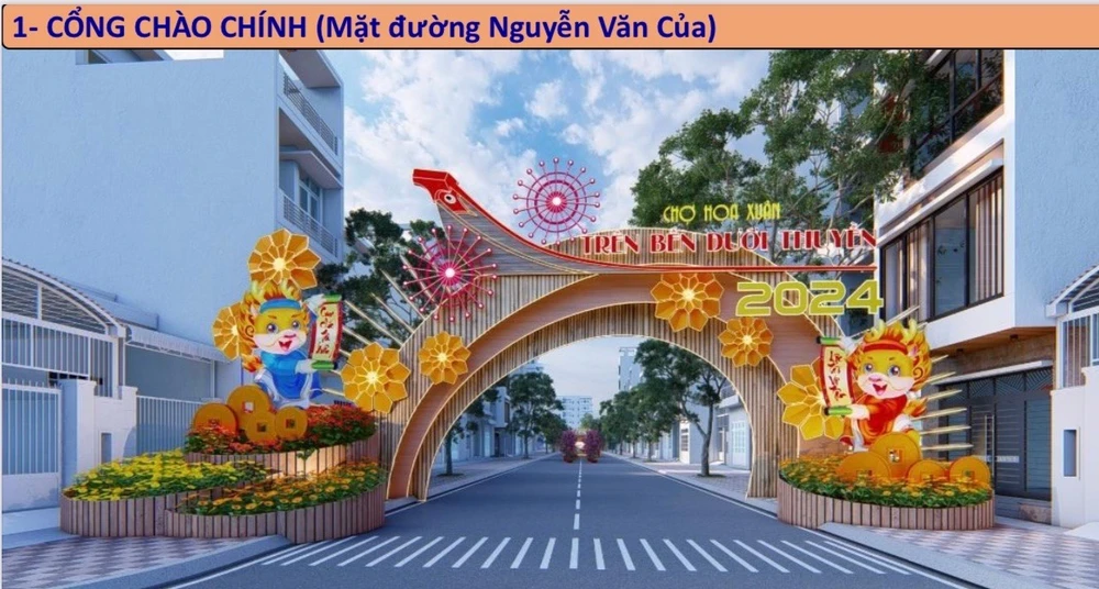 Cổng chào Chợ Hoa Xuân Tết Giáp Thìn năm 2024 được thiết kế với nhiều sắc màu rực rỡ, cùng với các cụm tiểu cảnh trang trí và mô hình biểu tượng của năm. Ảnh: BTC.