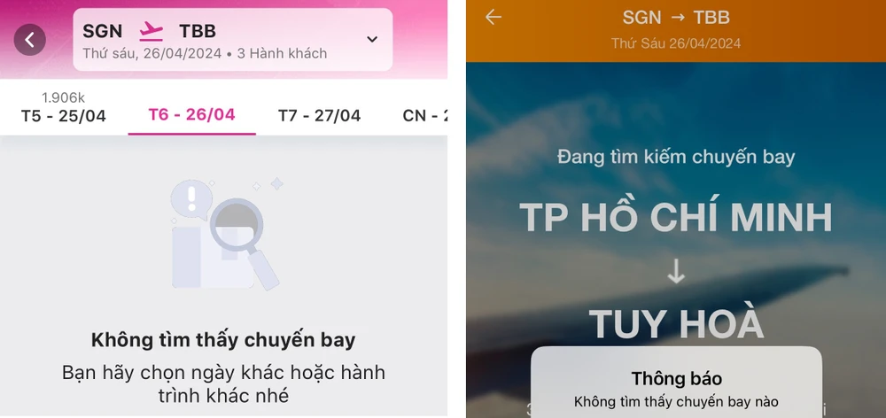 Chặng TP.HCM - Tuy Hòa trên trang bán vé máy bay trực tuyến không còn vé. Ảnh chụp màn hình ngày 24-4.