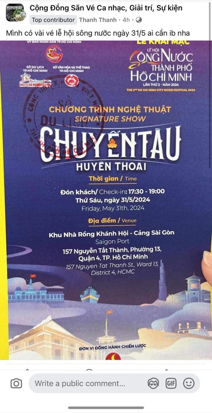 Một nick facebook rao bán vé mời chương trình nghệ thuật 'Chuyến tàu huyền thoại' đêm 31-5. Ảnh: TT.