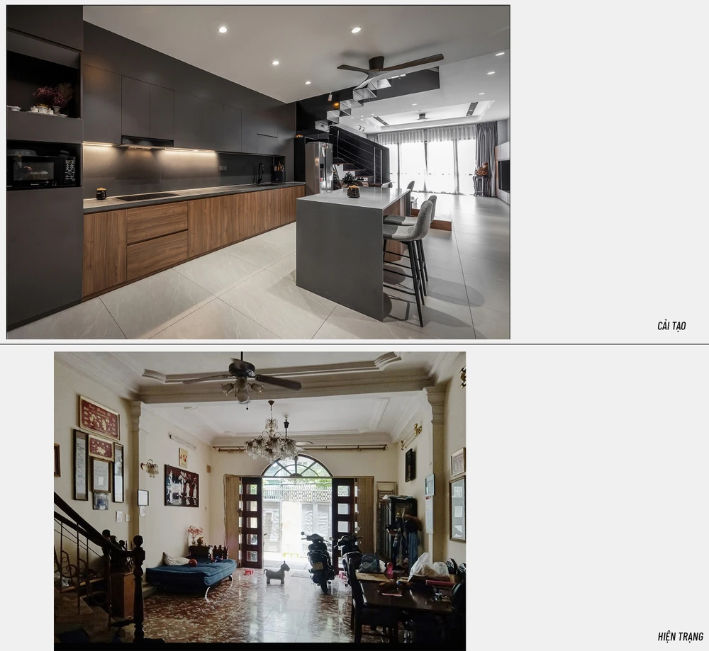 Tại tầng 1, thay vì giữ lại cấu trúc cũ kỹ, đội ngũ thiết kế Ashera Architects đã tạo ra một không gian chung thông suốt trong ngôi nhà phố, kết nối giữa các khu vực, không gian tiếp khách, phòng ăn và bếp.