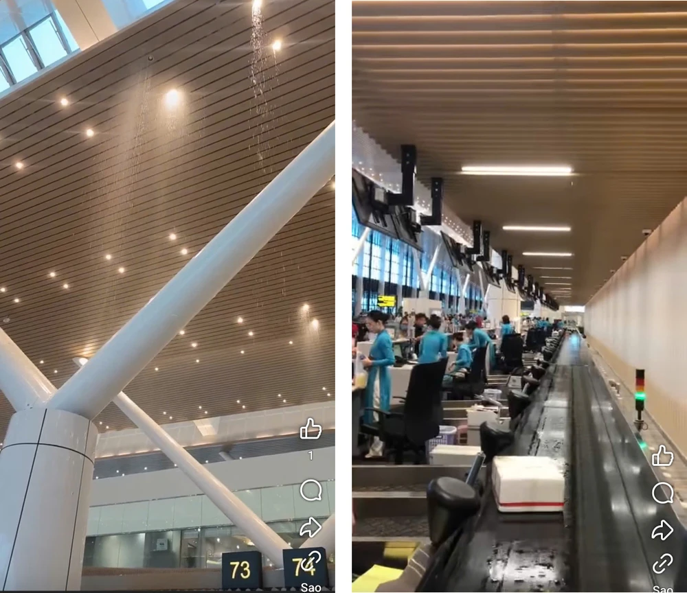 Nhà ga T3, sân bay Tân Sơn Nhất tiếp tục dột vào trưa ngày 23-5. Ảnh cắt từ clip.