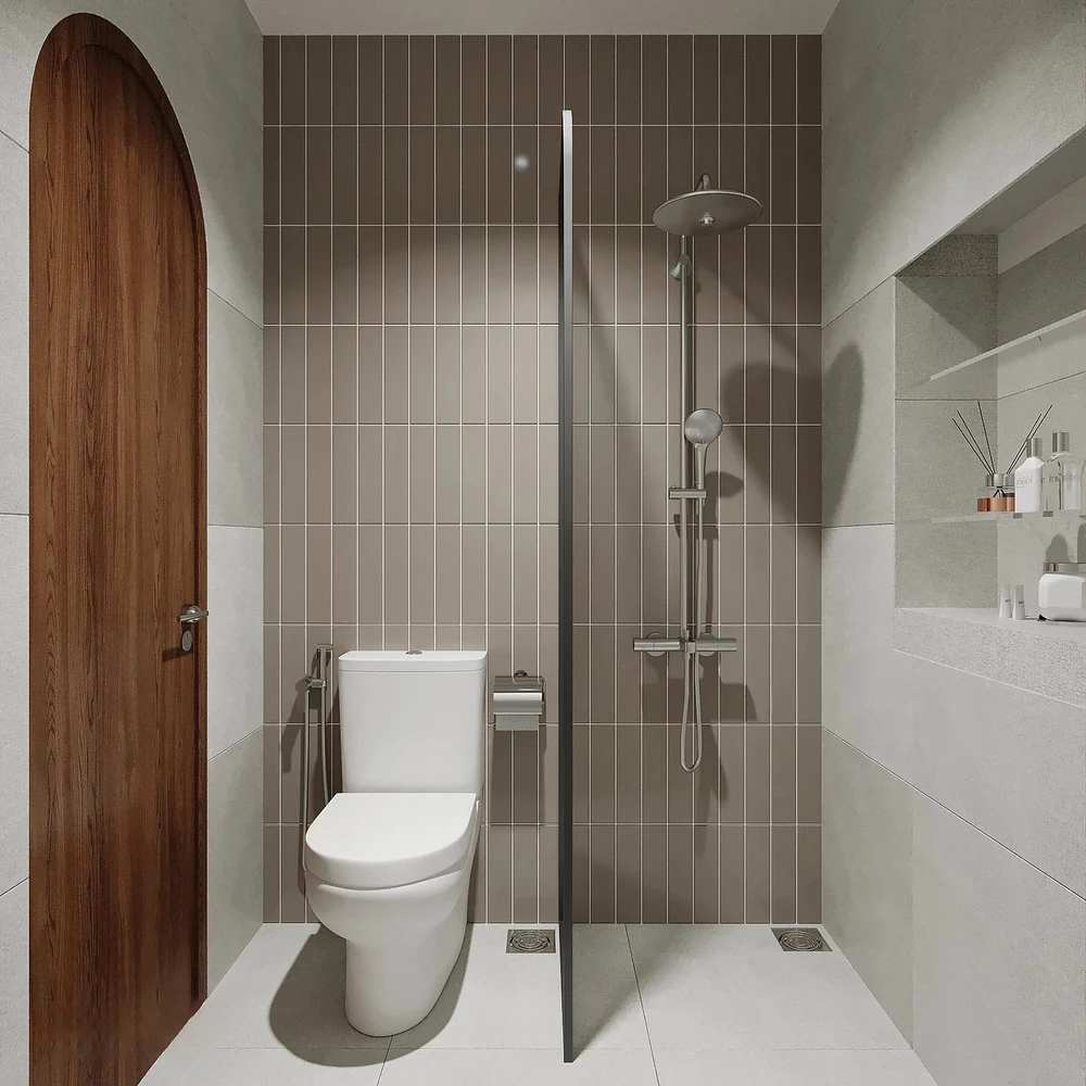 Phòng tắm nhỏ với đường nét mạch lạc, không rối mắt dù diện tích nhỏ.