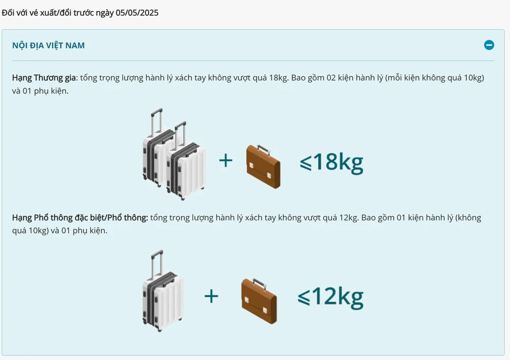 Quy định hành lý xách tay chặng nội địa của hãng Vietnam Airlines. Ảnh chụp màn hình.