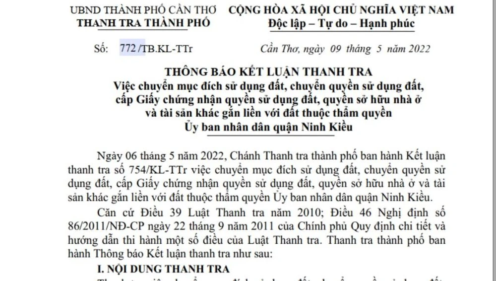 Thông báo kết luận thanh tra về đất đai ở Ninh Kiều. Ảnh: NN