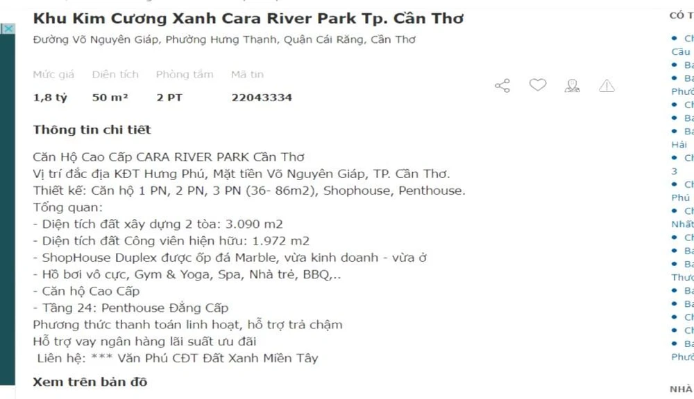 Theo Sở Xây dựng TP Cần Thơ, những thông tin được nêu trong các quảng cáo là không đúng sự thật, chưa có cơ sở pháp lý (như diện tích căn hộ, các tiện ích...). Ảnh chụp màn hình.