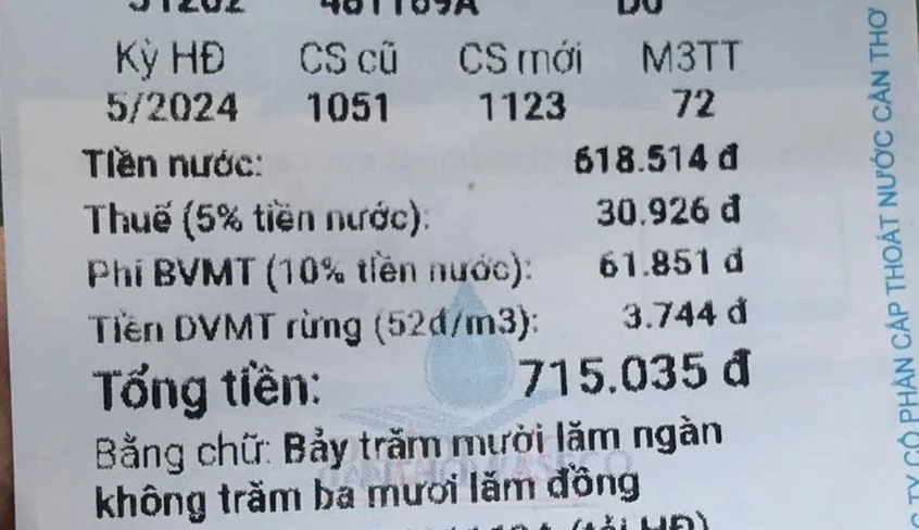 Giấy báo tiền nước do cử tri TP Cần Thơ mang tới phản ánh