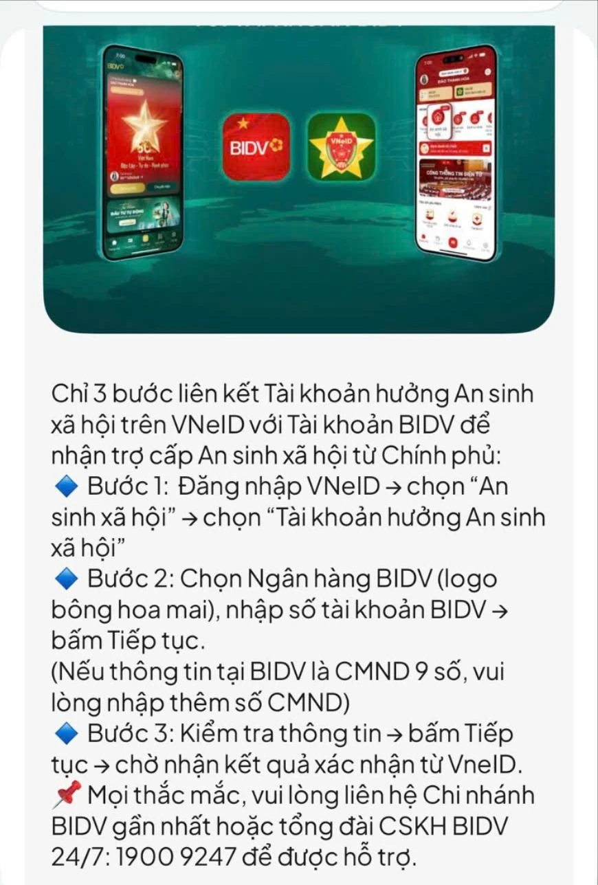 BIDV hướng dẫn liên kết tài khoản thanh toán với tài khoản VNeID mức độ 2. Điều này giúp người dân nhận trợ cấp an sinh xã hội dễ dàng hơn