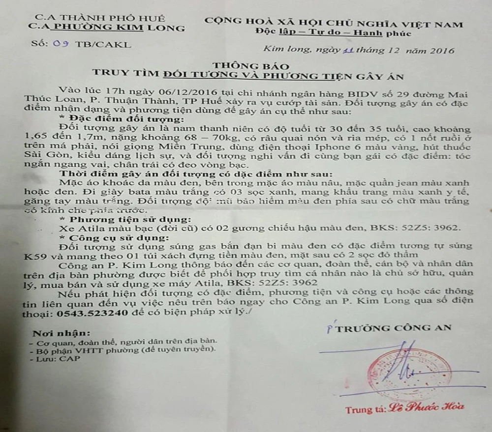 thông báo vụ cướp ngân hàng