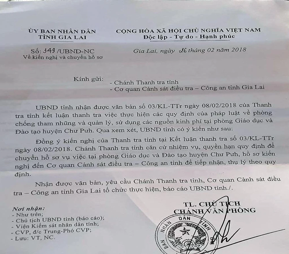 Ảnh văn bản của UBND tỉnh Gia Lai; trụ sở phòng Giáo dục đào tạo huyện Chư Pưh