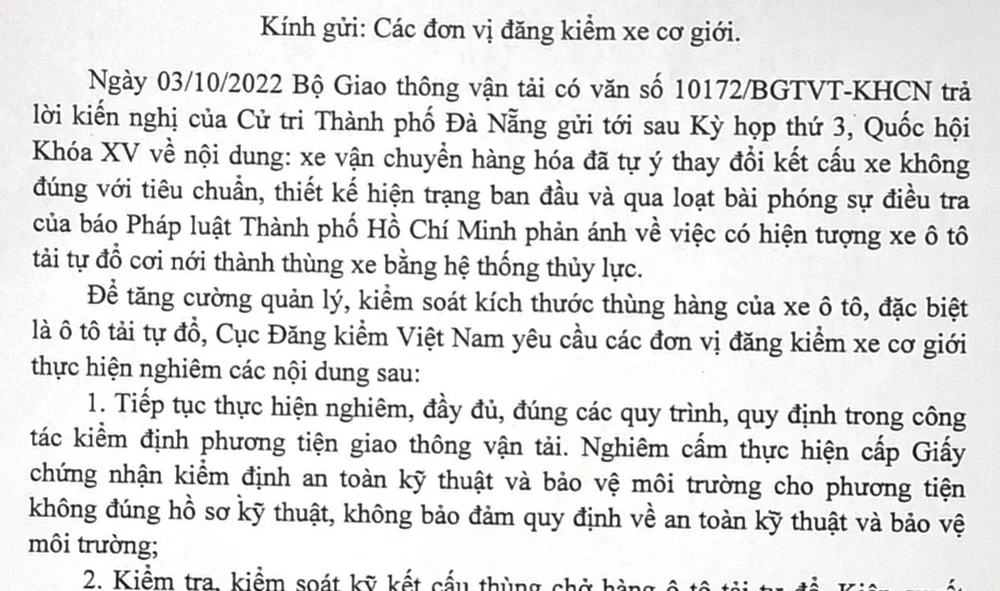 Văn bản chỉ đạo của Cục Đăng kiểm Việt Nam