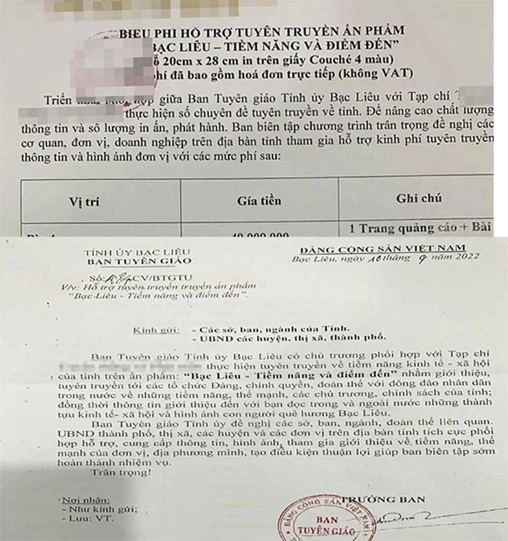 Văn bản của một tạp chí đã mở rộng thêm từ "doanh nghiệp" tại biểu báo giá hỗ trợ kinh phí và nguyên văn công văn của ông Tạ Trung Dũng, Trưởng ban tuyên giáo tỉnh Bạc Liêu (ảnh dưới). Ảnh: TRẦN VŨ