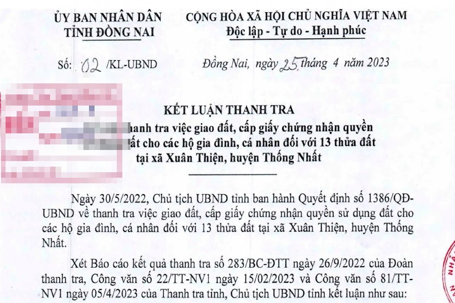 Chủ tịch UBND tỉnh Đồng Nai vừa ký quyết định ban hành Kết luận Thanh tra. Ảnh: VH